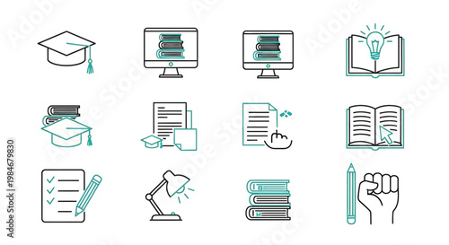 Essential line art icons for modern education, covering online learning, academic study, graduation, and the continuous journey of knowledge acquisition