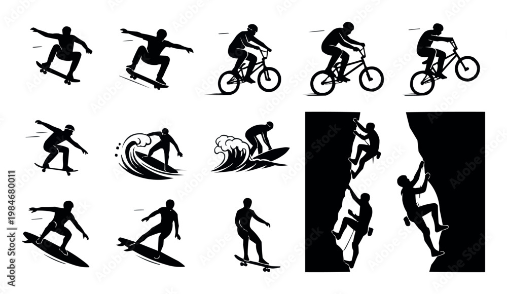 Fototapeta premium Extreme sports silhouette collection, 14 action icons of skateboarding, surfing, rock climbing and bmx biking, black vector graphics on white background
