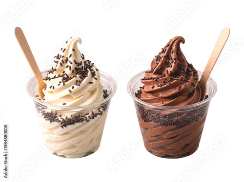 Soft serve ice cream cups vanilla and chocolate dessert with sprinkles isolated PNG  