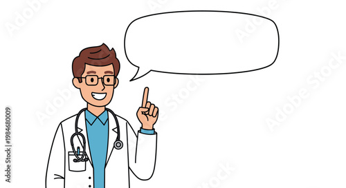 Friendly male doctor wearing a white lab coat and stethoscope points upward with a blank speech bubble for health advice.