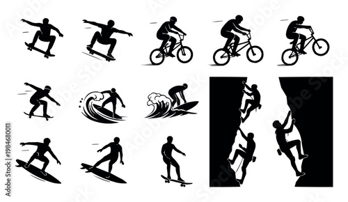 Extreme sports silhouette collection, 14 action icons of skateboarding, surfing, rock climbing and bmx biking, black vector graphics on white background