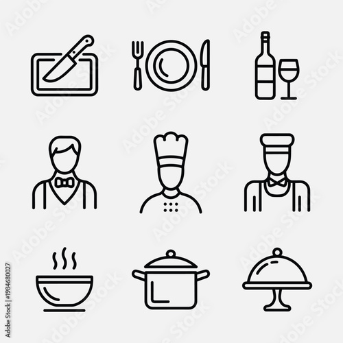 Minimalist line icon set for restaurant service and kitchen equipment including chef and waiter symbols