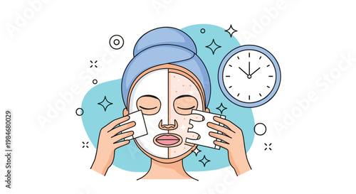Woman cleanses her face with a white beauty mask while a clock in the background indicates the proper time for skincare.