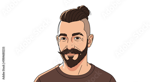 Modern man with a top knot hairstyle, a thick mustache, and a groomed beard looks forward with a warm and friendly gaze.
