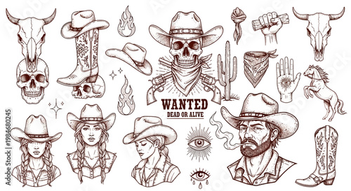 Detailed Hand-Drawn Collection of Wild West Graphic Elements Featuring Cowboy and Cowgirl Portraits, Iconic Symbols, Skulls, and Vintage Gear