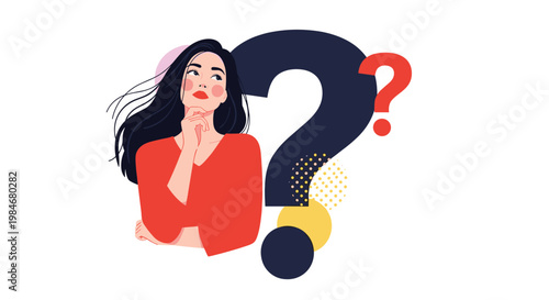 Thoughtful young woman in a red shirt rests her chin on her hand while standing in front of a large dark question mark.