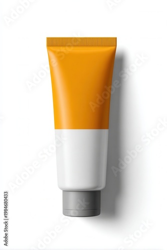 Orange and white tube stands upright against a pure white background