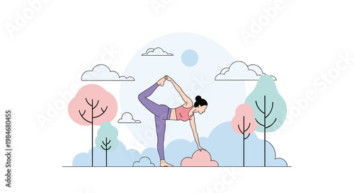 Graceful woman practices a yoga balance pose in a stylized park setting with pink and blue trees under a bright blue sky.