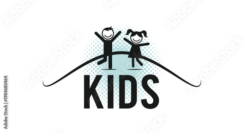 Simple black and white graphic showing the word kids below stick figure icons of a boy and a girl on a curved hill line.