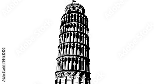 Iconic leaning bell tower. Detailed monochrome architectural illustration of a renowned European landmark, highlighting its unique tilt and historical elegance