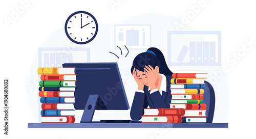 Overwhelmed young woman sitting at a desk with piles of books and a computer feeling stressed by her heavy workload.