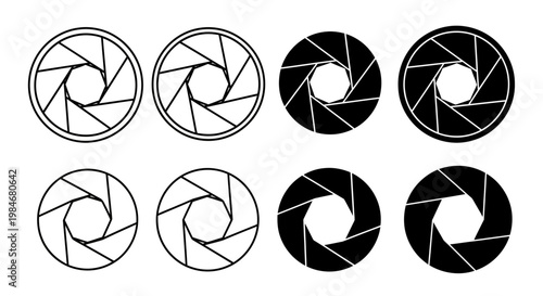 Collection of graphic camera aperture icons representing focus and lens control technology in various design styles for digital applications and visual projects