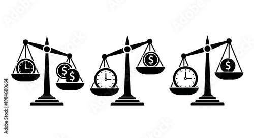 Conceptual illustration demonstrating the fluctuating intrinsic values of time and money, depicted through three scales showing time's priority, financial dominance, and their perfect balance