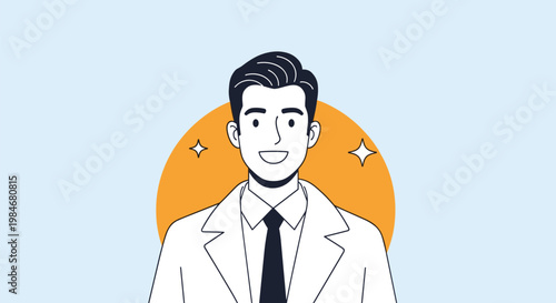Professional and confident man wearing a white lab coat and a tie smiling against a blue background with a sun icon.