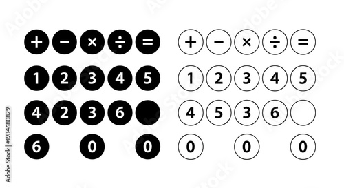 Streamlined Digital Calculation Interface Elements Essential Black and White Numeric and Operator Icons for Modern Design and Interactive Applications