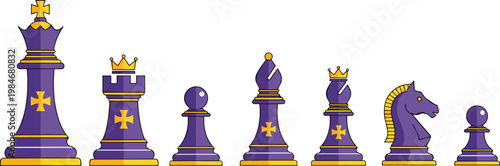Royal Chess Pieces Vector Set with Purple and Gold Colors for Board Game, Strategy, and Luxury Designs
