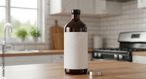 A glass bottle with a blank label sits on a wooden countertop in a bright kitchen