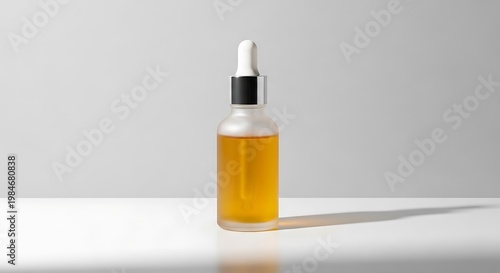 Glass dropper bottle with golden liquid casting a shadow on a white surface
