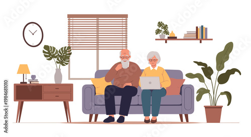 Elderly couple sitting together on a sofa in their living room using a laptop computer for entertainment or news.