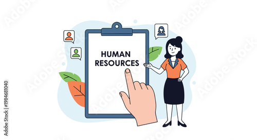 Business woman presenting a human resources clipboard with a large hand pointing to text and employee icons.
