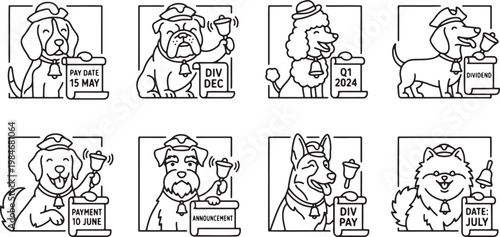 Town crier dog characters announcing financial dividend payments and important dates