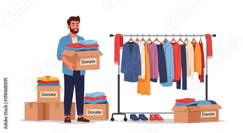 Generous young man organizing various clothes into cardboard boxes marked with donate for a charity organization.