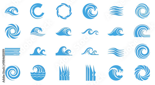 Dynamic Collection of Stylized Wave Icons Representing Water Movement, Ocean Energy, and Fluid Dynamics for Modern Graphic Design Projects and Digital Art Concepts