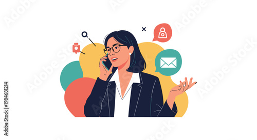 Busy business woman talking on a smartphone surrounded by floating communication icons like mail, security, and search.