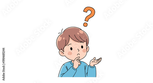 Illustration of a young boy looking confused and thinking with a large orange question mark above his head.