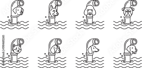 Dog heads appearing through submarine periscopes above the ocean surface