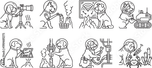 Astronaut dogs performing scientific research and exploration on alien planet