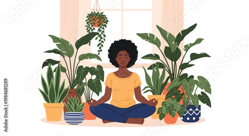 Peaceful woman sitting in a lotus position meditating in a room filled with lush green houseplants and plants.