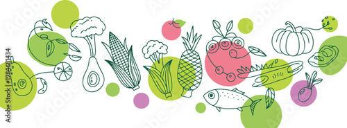 Green healthy food background with colorful fruits and vegetables organic nutrition banner vector