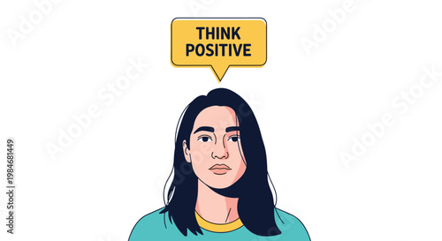 Young woman with a thoughtful expression is accompanied by a bright yellow speech bubble containing the words think positive.