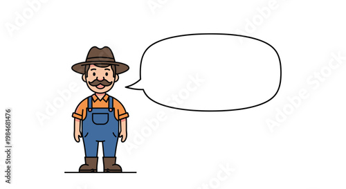 Friendly cartoon farmer wearing a hat and blue overalls stands next to a large empty speech bubble for custom text placement.