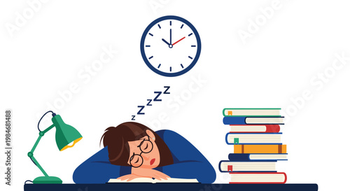 Tired student falls asleep on a desk covered in books late at night while a large wall clock shows the passing time on the wall.