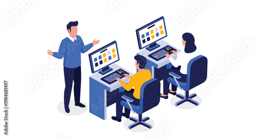 Team of professionals working on desktop computers while a supervisor provides guidance in a clean isometric office setting.