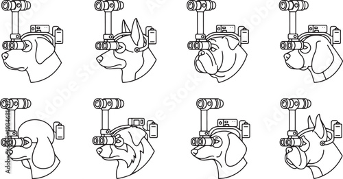 Futuristic cybernetic dog heads wearing tactical night vision and camera gear