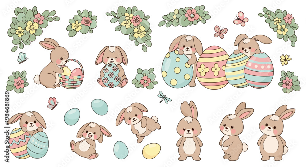 Fototapeta premium Adorable Easter Bunnies and Colorful Eggs Collection.