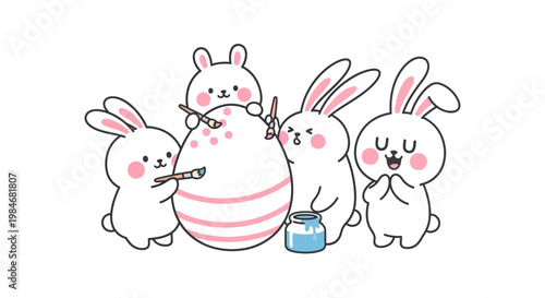 Adorable cartoon bunnies painting a large Easter egg together, celebrating the holiday with creativity and joy.