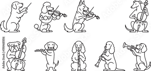 Musical dogs playing various instruments in a symphonic orchestra