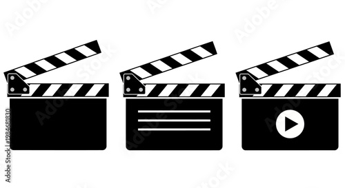 A collection of three black and white clapperboards, representing the film industry and movie production process