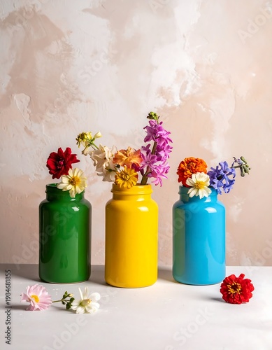 Colorful flower arrangement with vibrant blooms in green, yellow, and blue painted jars on a white surface