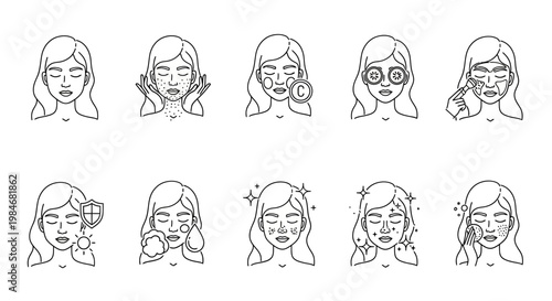 Collection of Icons Representing Skincare Routine Steps for Healthy and Radiant Skin