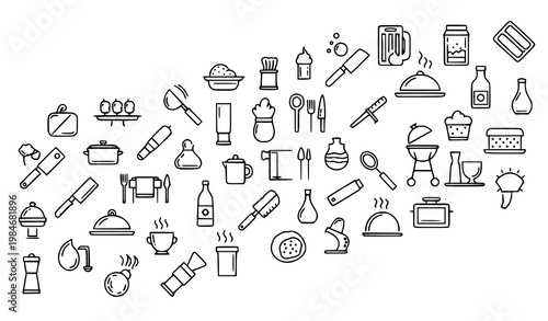 Modern thin line food preparation and cooking icon collection kitchen culinary vector illustration
