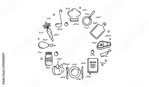Thin line food and cooking icon set in circular culinary composition vector illustration
