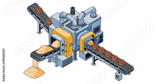 Isometric Illustration of an Automated Industrial Machine Processing Raw Materials into Compressed Briquettes on Conveyor Belts