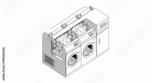 Isometric Line Art Illustration of an Industrial Commercial Laundry Machine and Automated Textile Washing System