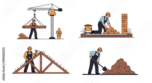 Construction Workers Engaged in Various Building Tasks.