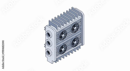 Isometric Industrial Heat Sink with Cooling Fans and Radiator Fins Illustration